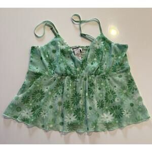 RSO Small Cami Crop Top, Green w/ flowers, Smocked, Spaghetti Strap Top beach